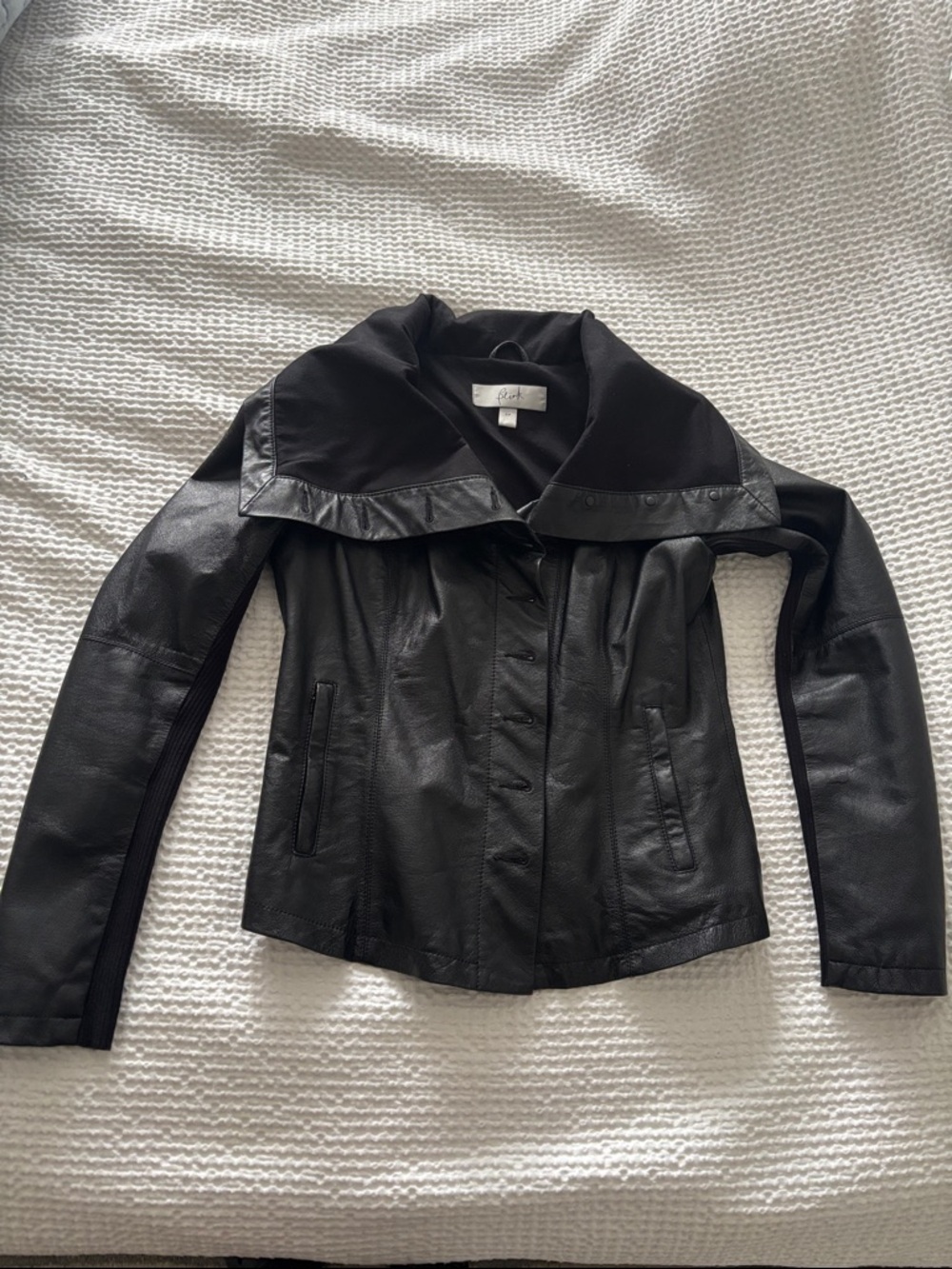 Link Black Leather Jacket with Wide Fold-Over Collar